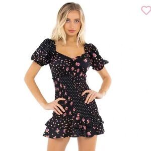 NWOT For love & Lemons black pink floral ruffle hem Camellia Mini Dress Medium